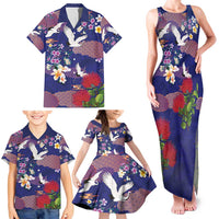 Hawaiian and Japanese Culture Together Family Matching Tank Maxi Dress and Hawaiian Shirt Blue Ohia Lehua Plumeria and Sakura Blooming LT03 - Polynesian Pride