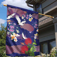 Hawaiian and Japanese Culture Together Garden Flag Blue Ohia Lehua Plumeria and Sakura Blooming - Polynesian Pride