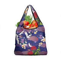 Hawaiian and Japanese Culture Together Grocery Bag Blue Ohia Lehua Plumeria and Sakura Blooming - Polynesian Pride