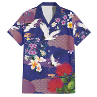 Hawaiian and Japanese Culture Together Hawaiian Shirt Blue Ohia Lehua Plumeria and Sakura Blooming - Polynesian Pride