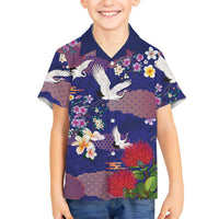 Hawaiian and Japanese Culture Together Kid Hawaiian Shirt Blue Ohia Lehua Plumeria and Sakura Blooming LT03 Kid Blue - Polynesian Pride