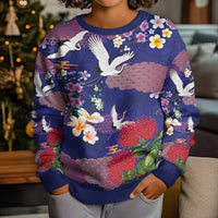 Hawaiian and Japanese Culture Together Kid Ugly Christmas Sweater Blue Ohia Lehua Plumeria and Sakura Blooming - Polynesian Pride