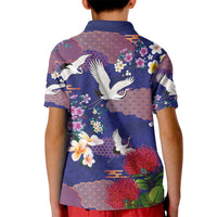 Hawaiian and Japanese Culture Together Kid Polo Shirt Blue Ohia Lehua Plumeria and Sakura Blooming LT03 - Polynesian Pride
