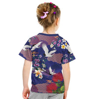 Hawaiian and Japanese Culture Together Kid T Shirt Blue Ohia Lehua Plumeria and Sakura Blooming LT03 - Polynesian Pride