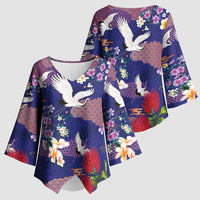 Hawaiian and Japanese Culture Together Kimono Sleeve Blouse Blue Ohia Lehua Plumeria and Sakura Blooming - Polynesian Pride