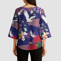 Hawaiian and Japanese Culture Together Kimono Sleeve Blouse Blue Ohia Lehua Plumeria and Sakura Blooming - Polynesian Pride