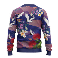 Hawaiian and Japanese Culture Together Ugly Christmas Sweater Blue Ohia Lehua Plumeria and Sakura Blooming - Polynesian Pride