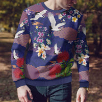 Hawaiian and Japanese Culture Together Ugly Christmas Sweater Blue Ohia Lehua Plumeria and Sakura Blooming - Polynesian Pride