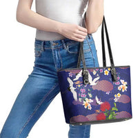 Hawaiian and Japanese Culture Together Leather Tote Bag Blue Ohia Lehua Plumeria and Sakura Blooming - Polynesian Pride