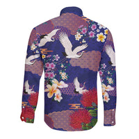 Hawaiian and Japanese Culture Together Long Sleeve Button Shirt Blue Ohia Lehua Plumeria and Sakura Blooming - Polynesian Pride