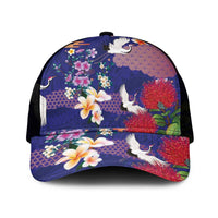 Hawaiian and Japanese Culture Together Mesh Trucker Cap Blue Ohia Lehua Plumeria and Sakura Blooming - Polynesian Pride