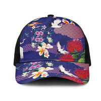 Hawaiian and Japanese Culture Together Mesh Trucker Cap Blue Ohia Lehua Plumeria and Sakura Blooming LT03 One Size Black Blue - Polynesian Pride