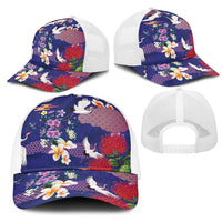 Hawaiian and Japanese Culture Together Mesh Trucker Cap Blue Ohia Lehua Plumeria and Sakura Blooming LT03 - Polynesian Pride