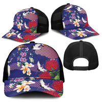 Hawaiian and Japanese Culture Together Mesh Trucker Cap Blue Ohia Lehua Plumeria and Sakura Blooming - Polynesian Pride