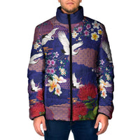 Hawaiian and Japanese Culture Together Padded Jacket Blue Ohia Lehua Plumeria and Sakura Blooming - Polynesian Pride