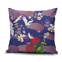 Hawaiian and Japanese Culture Together Pillow Cover Blue Ohia Lehua Plumeria and Sakura Blooming - Polynesian Pride