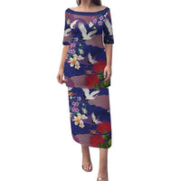 Hawaiian and Japanese Culture Together Puletasi Blue Ohia Lehua Plumeria and Sakura Blooming LT03 Long Dress Blue - Polynesian Pride