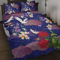 Hawaiian and Japanese Culture Together Quilt Bed Set Blue Ohia Lehua Plumeria and Sakura Blooming - Polynesian Pride