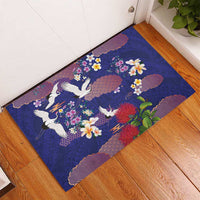 Hawaiian and Japanese Culture Together Rubber Doormat Blue Ohia Lehua Plumeria and Sakura Blooming - Polynesian Pride