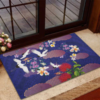 Hawaiian and Japanese Culture Together Rubber Doormat Blue Ohia Lehua Plumeria and Sakura Blooming - Polynesian Pride