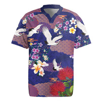 Hawaiian and Japanese Culture Together Rugby Jersey Blue Ohia Lehua Plumeria and Sakura Blooming LT03 Blue - Polynesian Pride