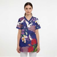 Hawaiian and Japanese Culture Together Scrub Top Blue Ohia Lehua Plumeria and Sakura Blooming - Polynesian Pride