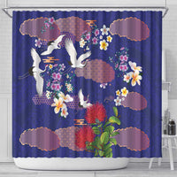 Hawaiian and Japanese Culture Together Shower Curtain Blue Ohia Lehua Plumeria and Sakura Blooming - Polynesian Pride