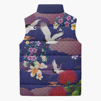 Hawaiian and Japanese Culture Together Sleeveless Puffer Jacket Blue Ohia Lehua Plumeria and Sakura Blooming - Polynesian Pride