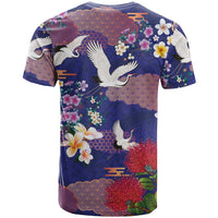 Hawaiian and Japanese Culture Together T Shirt Blue Ohia Lehua Plumeria and Sakura Blooming LT03 - Polynesian Pride