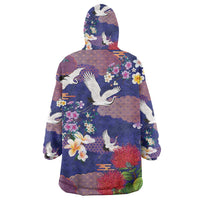 Hawaiian and Japanese Culture Together Wearable Blanket Hoodie Blue Ohia Lehua Plumeria and Sakura Blooming - Polynesian Pride
