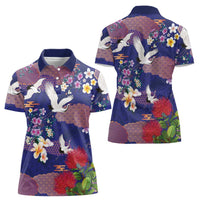 Hawaiian and Japanese Culture Together Women Polo Shirt Blue Ohia Lehua Plumeria and Sakura Blooming LT03 - Polynesian Pride