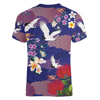 Hawaiian and Japanese Culture Together Women V-Neck T-Shirt Blue Ohia Lehua Plumeria and Sakura Blooming - Polynesian Pride