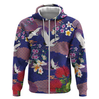 Hawaiian and Japanese Culture Together Zip Hoodie Blue Ohia Lehua Plumeria and Sakura Blooming - Polynesian Pride