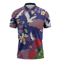 Hawaiian and Japanese Culture Together Zipper Polo Shirt Blue Ohia Lehua Plumeria and Sakura Blooming LT03 Blue - Polynesian Pride