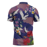 Hawaiian and Japanese Culture Together Zipper Polo Shirt Blue Ohia Lehua Plumeria and Sakura Blooming LT03 - Polynesian Pride
