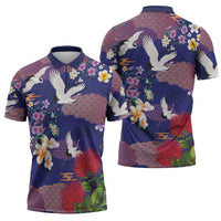 Hawaiian and Japanese Culture Together Zipper Polo Shirt Blue Ohia Lehua Plumeria and Sakura Blooming LT03 - Polynesian Pride