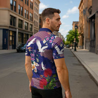 Hawaiian and Japanese Culture Together Zipper Polo Shirt Blue Ohia Lehua Plumeria and Sakura Blooming LT03 - Polynesian Pride