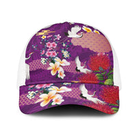 Hawaiian and Japanese Culture Together Baseball Net Cap Purple Ohia Lehua Plumeria and Sakura Blooming - Polynesian Pride