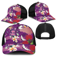 Hawaiian and Japanese Culture Together Baseball Net Cap Purple Ohia Lehua Plumeria and Sakura Blooming LT03 - Polynesian Pride