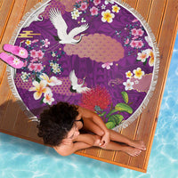 Hawaiian and Japanese Culture Together Beach Blanket Purple Ohia Lehua Plumeria and Sakura Blooming - Polynesian Pride