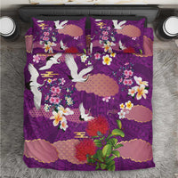 Hawaiian and Japanese Culture Together Bedding Set Purple Ohia Lehua Plumeria and Sakura Blooming - Polynesian Pride