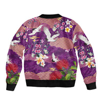 Hawaiian and Japanese Culture Together Bomber Jacket Purple Ohia Lehua Plumeria and Sakura Blooming - Polynesian Pride