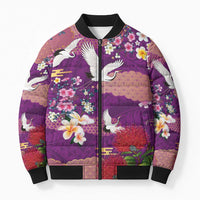 Hawaiian and Japanese Culture Together Bomber Puffer Jacket Purple Ohia Lehua Plumeria and Sakura Blooming - Polynesian Pride