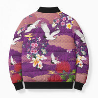 Hawaiian and Japanese Culture Together Bomber Puffer Jacket Purple Ohia Lehua Plumeria and Sakura Blooming - Polynesian Pride