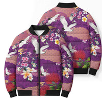 Hawaiian and Japanese Culture Together Bomber Puffer Jacket Purple Ohia Lehua Plumeria and Sakura Blooming - Polynesian Pride