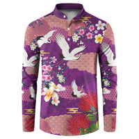 Hawaiian and Japanese Culture Together Button Sweatshirt Purple Ohia Lehua Plumeria and Sakura Blooming - Polynesian Pride
