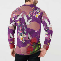 Hawaiian and Japanese Culture Together Button Sweatshirt Purple Ohia Lehua Plumeria and Sakura Blooming - Polynesian Pride