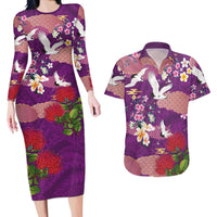 Hawaiian and Japanese Culture Together Couples Matching Long Sleeve Bodycon Dress and Hawaiian Shirt Purple Ohia Lehua Plumeria and Sakura Blooming LT03 Purple - Polynesian Pride