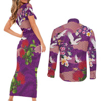 Hawaiian and Japanese Culture Together Couples Matching Short Sleeve Bodycon Dress and Long Sleeve Button Shirt Purple Ohia Lehua Plumeria and Sakura Blooming LT03 - Polynesian Pride