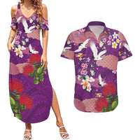 Hawaiian and Japanese Culture Together Couples Matching Summer Maxi Dress and Hawaiian Shirt Purple Ohia Lehua Plumeria and Sakura Blooming - Polynesian Pride
